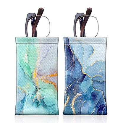 [2 Pack] Fintie Eyeglasses Pouch with Cleaning Cloth, Portable Squeeze Top Leather Glasses Case Sunglasses Bag, Emerald Marble + Ocean Marble - color: Emerald Marble + Ocean Marble