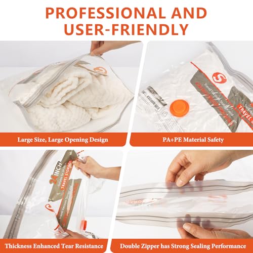 NESCCI Vacuum Bags for Travel with Rechargeable Air Pump,Carry-on Size Compression Packing Bags for Luggage and Suitcase,Space Saver for Clothes 48 Pcs Combo Travel Size - size: 48 Combo Size (Orange)