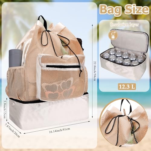 Mesh Beach Drawstring Backpack with Cooler Beach Bags Sandproof Swim Bags Leakproof with Zipper for Seaside Pool Travel - color: Khaki