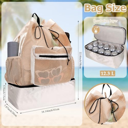 Mesh Beach Drawstring Backpack with Cooler Beach Bags Sandproof Swim Bags Leakproof with Zipper for Seaside Pool Travel - color: Khaki