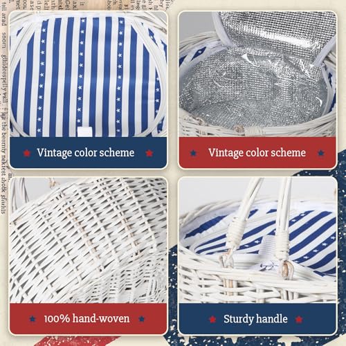 Wicker Picnic Basket with Insulated Lined Bag 15“ x 11” x 7“ Blue, White Star Stripe Pattern, Iced Beer Insulated Bag for Camping, Picnics, Birthday Gifts, Wedding Gifts - color: Blue and White Star Stripes