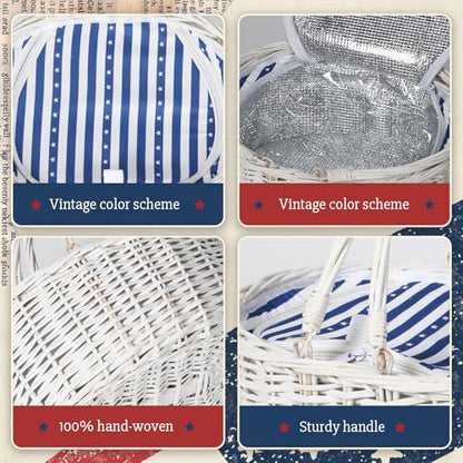 Wicker Picnic Basket with Insulated Lined Bag 15“ x 11” x 7“ Blue, White Star Stripe Pattern, Iced Beer Insulated Bag for Camping, Picnics, Birthday Gifts, Wedding Gifts - color: Blue and White Star Stripes