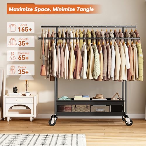 Clothes Rack, Double Rod, 210 LBS, Storage Basket, Black | Rolling Garment Rack with Lockable Wheels for Bedroom, Dorm, Apartment, Laundry Room – Space Saver, Tool-Free Easy Assembly - color: Black