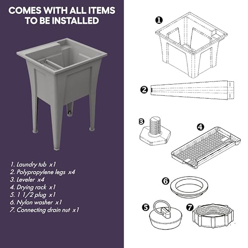 24” Utility Sinks for Laundry Room, Garage, Garden, Basement – Noah William Home Indoor and Outdoor Polypropylene Basement Wash Tub - No Faucet Included (Grey) - color: Gray, size: 24" - 19.5 gal