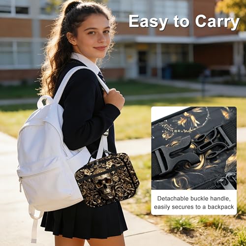 Skull Floral Lunch Bag Insulated Reusable Lunch Box Cooler Thermal Tote Bag For Teenage Boys Girls School Beach - color: Skull Floral