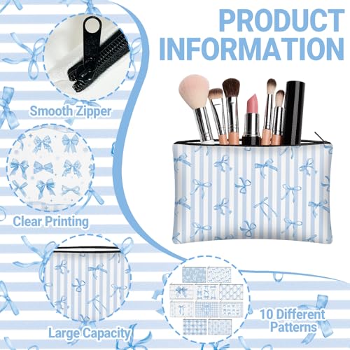 30 Pcs Blue Bow Makeup Bags Coquette Cosmetic Zipper Pouches with Elegant Blue Bow Makeup Bag Bulk Canvas Cosmetic Travel Toiletry Pouch for Women Bridesmaids Wedding Favors - style: Blue Bow