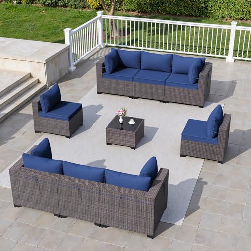 9 Pieces Outdoor Sectional Furniture All Weather PE Rattan Wicker Patio Conversation Set with Coffee Table and 8 Thickened Cushions,Navy Blue - color: Navy Blue, size: 9 Sofa Set