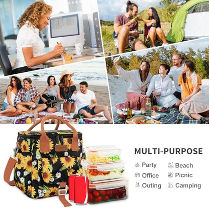 Joymee Insulated Lunch Bag for Women Reusable Leakproof - Sunflower | Large Spacious, Cooler Lunch Bag, Adjustable Shoulder Strap, With Side Pocket, Bottle Holder, for Office Work Picnic Travel - color: Sunflower