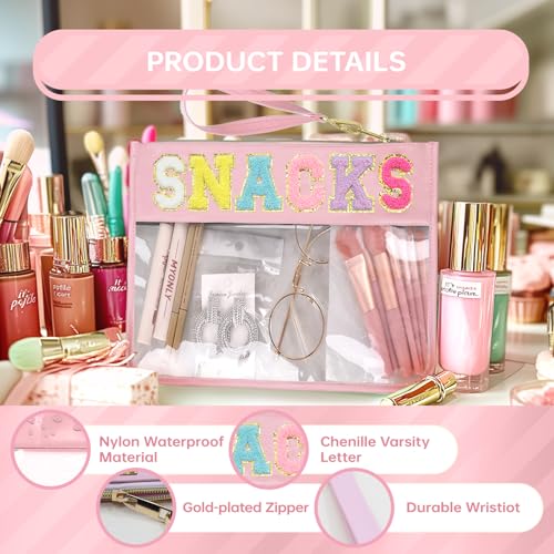 Siwara Snack Bags Clear Pouch Travel Makeup Bag Chenille Letter Bags for Zipper Pouch Clear Cosmetic Bag Clearly Tote Bag Makeup Travel Bags for Women - color: Pink--Snack