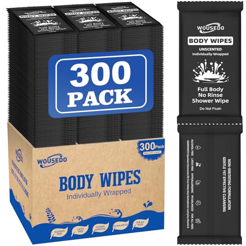 300 Pcs Ultra Thick Soft Large Body Wipes Individually Wrapped(7.87" x 9.45"),Shower Wipes for Adults Bathing No Rinse,Personal Cleansing Wipes for Travel Gym,Bulk Deodorant for Homeless. - color: Black, size: 1 Count (Pack of 300)