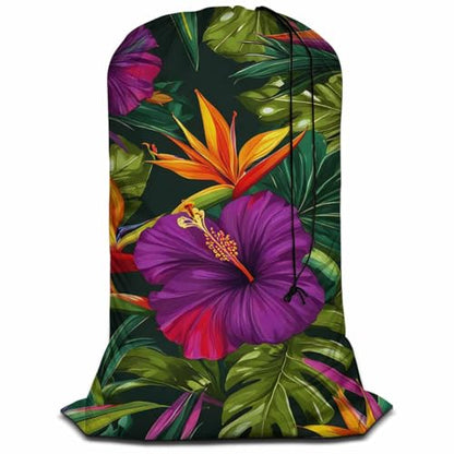 Swono Tropical Flowers Drawstring Closure Dirty Clothes Bag Organizer, Heavy Duty Large Laundry Bag, Floral Pattern Botanical Hibiscus Palm Leaf Bird Summer Rip-Stop Bags for Camp Travel - color: Tropical Flowers