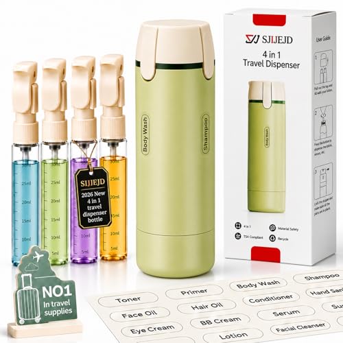 4 in 1 Travel Dispenser Bottle Set, Leakproof TSA Travel Size Containers for Toiletries, Portable Refillable Bottles, Hard Shell Rotating Design with Scale and Labels - color: Green