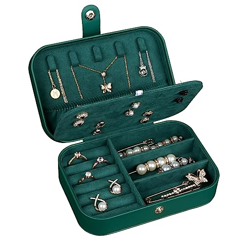 Hatori Travel Jewelry Box, PU Leather Small Jewelry Organizer for Women Girls, Double Layer Portable Mini Travel Case Display Storage Holder Boxes for Stud Earrings, Rings (Ink Green) - color: Ink Green