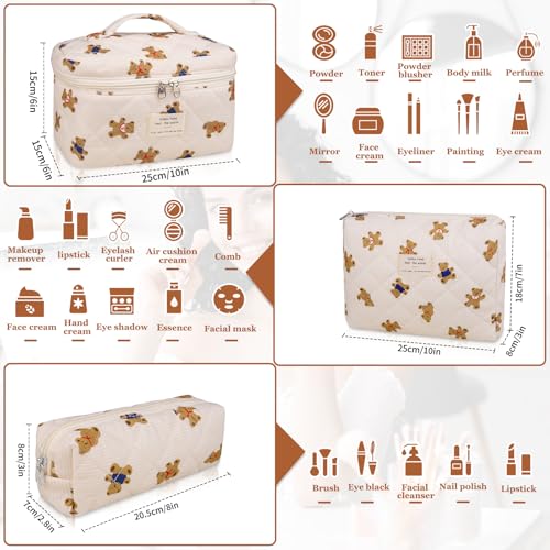 Gosect 3PC Makeup Bag Set, Quilted Makeup Bag, Large Floral Cosmetic Bag for Women, Cute Cotton Makeup Bags, Flower Travel Toiletry Organizer Bag (Bear) - color: Bear