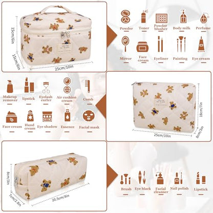 Gosect 3PC Makeup Bag Set, Quilted Makeup Bag, Large Floral Cosmetic Bag for Women, Cute Cotton Makeup Bags, Flower Travel Toiletry Organizer Bag (Bear) - color: Bear