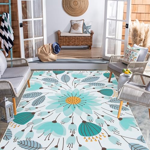Lahome Floral Indoor Outdoor Rug, 5x8ft Non Slip Outdoor Patio Rug for Balcony Deck, Portable Outdoor Carpet for Camping Picnic Backyard, Breathable RV Mat Outdoor Rugs for Living Room Bedroom,Blue - color: Blue, size: 5'x 8'