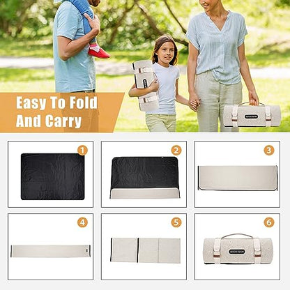 G GOOD GAIN Picnic Blanket Waterproof, Linen Feel Outdoor Blanket Extra Large - Foldable Beach Mat with Carry Strap for Camping, Park, Travel (White Flower) - color: White Flower