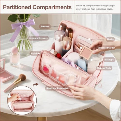 Abiudeng Standing Makeup Bag Stand up Make up Bag Travel Toiletry Bag with Multiple Compartments Large Capacity for Women Business Trips Fitness and Daily Commutes (Pink) - color: Pink