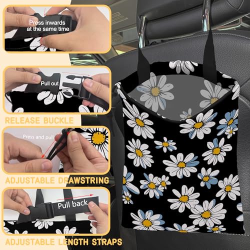 White Daisy Flowers Car Trash Bag, Strap Drawstring Car Garbage Bags,Car Back Seat Organizer with Adjustable Buckle for Car Accessories - color: White Daisy Flowers