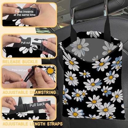 White Daisy Flowers Car Trash Bag, Strap Drawstring Car Garbage Bags,Car Back Seat Organizer with Adjustable Buckle for Car Accessories - color: White Daisy Flowers