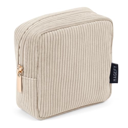 MAGEFY Small Makeup Bag for Purse Mini Cosmetics Bag Corduroy Cute Cosmetic Pouch for Women with Slip-in Pockets - color: Small-Beige-1pcs