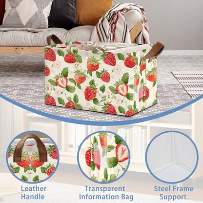 Strawberry Storage Baskets,Leaves Foldable Large Capacity Organizer Bins with Waterproof Lining and Leather Handles for Closet,Shelf,Bedroom 17x11.5x10Inch - color: Strawberry Leaves