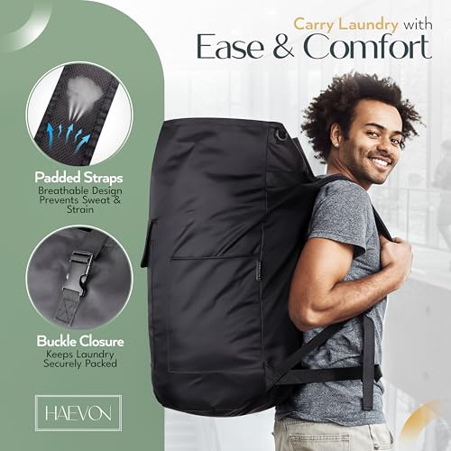 Haevon Laundry Backpack - 131L Heavy Duty Laundry Bag with Padded Shoulder & Waist Straps, Removable Liner - College, Dorm, Apartment, Travel, Outdoor - Big Laundry Bag for Easy Carrying (Black) - color: All Black