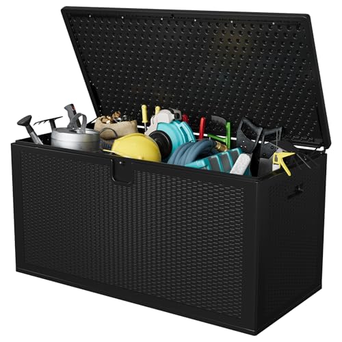 Garvee 150 gal Large Resin Deck Box, Waterproof & Weatherproof Outdoor Storage Box, Lockable Pool Storage Bin with Lid for Porch Patio Garden Backyard, Black - color: Black, size: 150 Gal