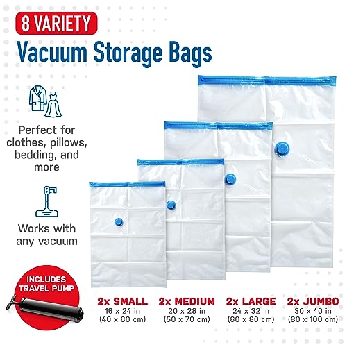 Spacesaver Vacuum Storage Bags with Hand Pump - Vacuum Seal Bags for Clothing, Comforters, Blankets - Reusable Compression Bags for Travel, Moving, Organization - 2S, 2M, 2L, 2XL Sizes - Pack of 8