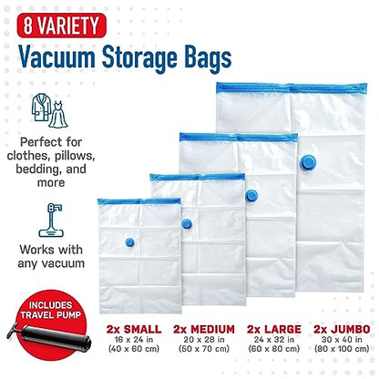 Spacesaver Vacuum Storage Bags with Hand Pump - Vacuum Seal Bags for Clothing, Comforters, Blankets - Reusable Compression Bags for Travel, Moving, Organization - 2S, 2M, 2L, 2XL Sizes - Pack of 8