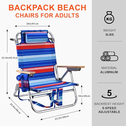 Backpack Beach Chairs for Adults Capacity 300 LBS Low 5 Position Beach Chair with Pouch Straps Folding Lightweight Reclining Aluminum Wide Lay Flat Single - color: 10in Wood Red Blue Stripes 1 Pack