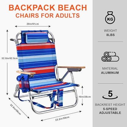 Backpack Beach Chairs for Adults Capacity 300 LBS Low 5 Position Beach Chair with Pouch Straps Folding Lightweight Reclining Aluminum Wide Lay Flat Single - color: 10in Wood Red Blue Stripes 1 Pack