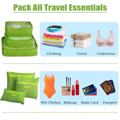 6 Set Packing Cubes for Travel Luggage Organizer Bags Reusable washable Suitcase Packing Cubes Set Travel Accessories Essentials (Green) - color: Green