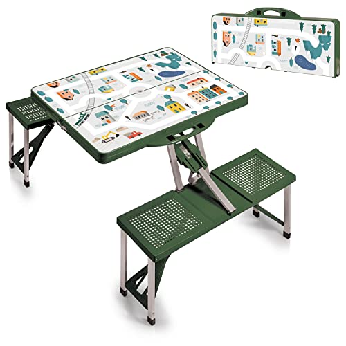Picnic TIME Portable Folding Picnic Table with Seats for 4, Collapsible Aluminum Table with Benches & Umbrella Hole, Lightweight Foldable Table for Camping, Travel, Backyard, Tailgating | with Umbrella Hole - color: Play Town - Green