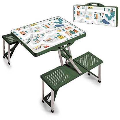 Picnic TIME Portable Folding Picnic Table with Seats for 4, Collapsible Aluminum Table with Benches & Umbrella Hole, Lightweight Foldable Table for Camping, Travel, Backyard, Tailgating | with Umbrella Hole - color: Play Town - Green