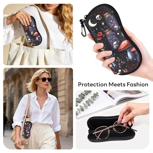 Sunglasses Case with Belt Clip, Ultra Light Neoprene Zipper Soft Padded Glasses Case for Women Men - color: Mushroom Skull