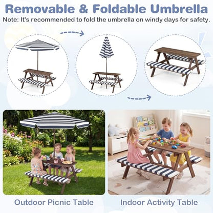 Costzon Kids Picnic Table, Wooden Toddler Outdoor Table & Bench Set with Removable Umbrella & Cushions, Stripe Fabric, Kids Outdoor Furniture for Patio Backyard Garden, Fits 4 Children Age 3+ (Navy)