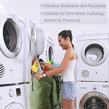BeeGreen Moss Green Laundry Backpack Bag w Adjustable Shoulder Straps String Closure College Dorm Room Essentials Sturdy Laundry Hamper Portable w Handle XLarge Ripstop for Traveling - color: Moss Green, style: With Front Zipper Pocket