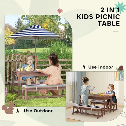 Qaba Kids Picnic Table, Outdoor Wooden Table & Bench Set with Cushions and Umbrella, Children Backyard Furniture for Patio, Garden, Navy Blue