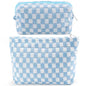 ZLFSRQ 2Pcs Checkered Makeup Bag for Women Large Small Checkered Cosmetic Bag Set Aesthetic Preppy Pencil Case Cute Pencil Pouch Blue Makeup Pouch for Purse Travel Toiletry Bags Zipper Skincare Bags - color: B-Checkered 2Pcs Mix Blue