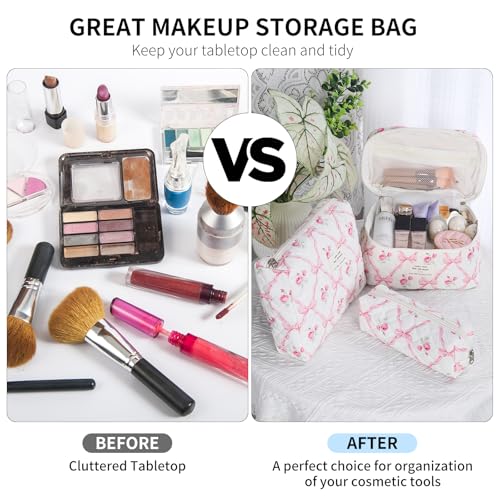 senbowe Floral Makeup Bag, 3 Pack Large Cotton Quilted Pink Bow Makeup Bag Set, Cute Floral Coquette Aesthetic Toiletry Bag Make Up Cosmetic Bag for Women, Toiletry Travel Make Up Organizer Bag - color: Pink Bow