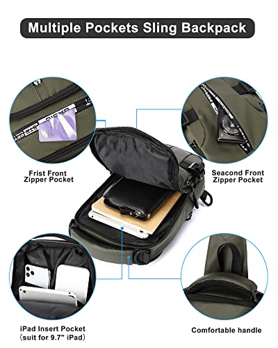 SEAFEW Small Sling Crossbody Backpack Shoulder Bag for Men, Lightweight One Strap Backpack Sling BacK pack for Hiking Walking Biking Travel Cycling USB Charger Port-Nylon (Olive Green) - color: Green-small
