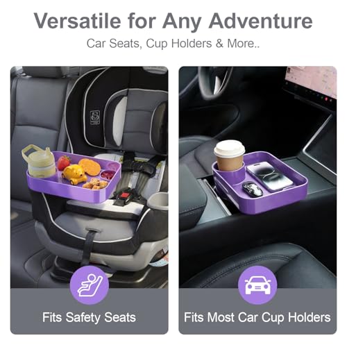Car Seat Snack Tray for Toddlers - 3 Inch Cup Holder Fits Most Sippy Cups & Straw Bottles with Dip Well, Mess-Free Square Kids Travel Tray Road Trip Essentials, Purple - color: Purple