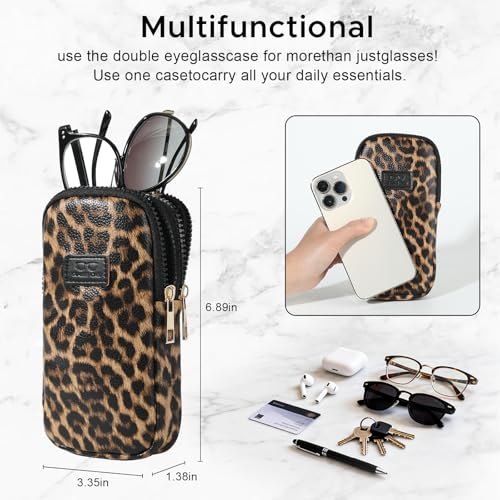 KINIVA Double Eyeglass Case for Men Women, 2-in-1 PU Dual Sunglasses Case, Scratch-Proof Travel Eyeglass Holder for Purse Car - style: Leopard