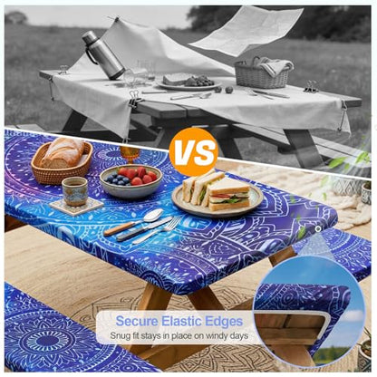 Picnic Table Cover with Bench Covers Camping Essentials Waterproof Windproof Camping Tablecloth with Drawstring Bag, Fitted Rectangle Tables and Seats, 60in, Blue Purple - color: Blue Purple, size: 60in