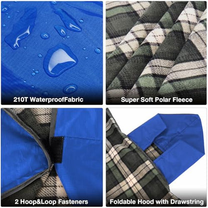 DUKUSEEK Outdoor Stadium Blankets with Hood, Fleece Blankets, Quilted, Extra Thick Fleece, Warm, Windproof, Sandproof, Includes Stuff Sack, Shoulder Strap - color: Dark-blue-blue-plaid