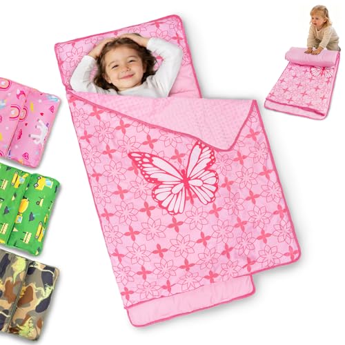 Primlect Toddler Nap Mat with Removable Pillow and Fleece Blanket, Extra Large 55''x35'' Sleeping Bag, Washable, Light, Easy to Roll up, Perfect for Daycare, Preschool, Kindergarten, Travel - color: Pink Butterfly
