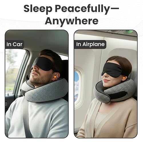 Travel Neck Pillow for Airplane – Ergonomic 360° Memory Foam Support | Lightweight & Portable Roll-Up Design| Includes Eyemask & Earplugs|Ultimate Comfort for Flights, Car & Office (Small Gray)