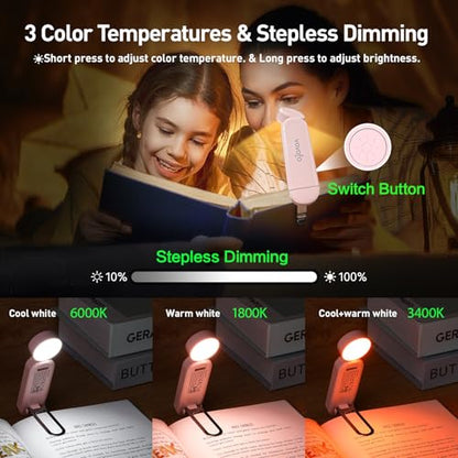 VAVOFO USB Rechargeable Book Light, Blue Lighting Blocking, Amber Light Clip On Bookmark Shaped 6 LEDs Reading Light, Eye Care for Bookworms Reading in Bed with 9 Lighting Modes (Light Pink) - color: Light Pink