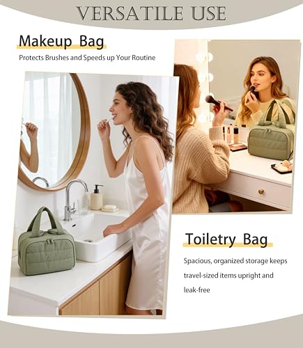 Travel Toiletry Bag for Women, Large Wide-open Puffy Cosmetic Makeup Bag with Wet-Dry Separation, Multi-Pocket Organizer with Carry Handle for Toiletries, Cosmetics, Essentials, Green - color: Green